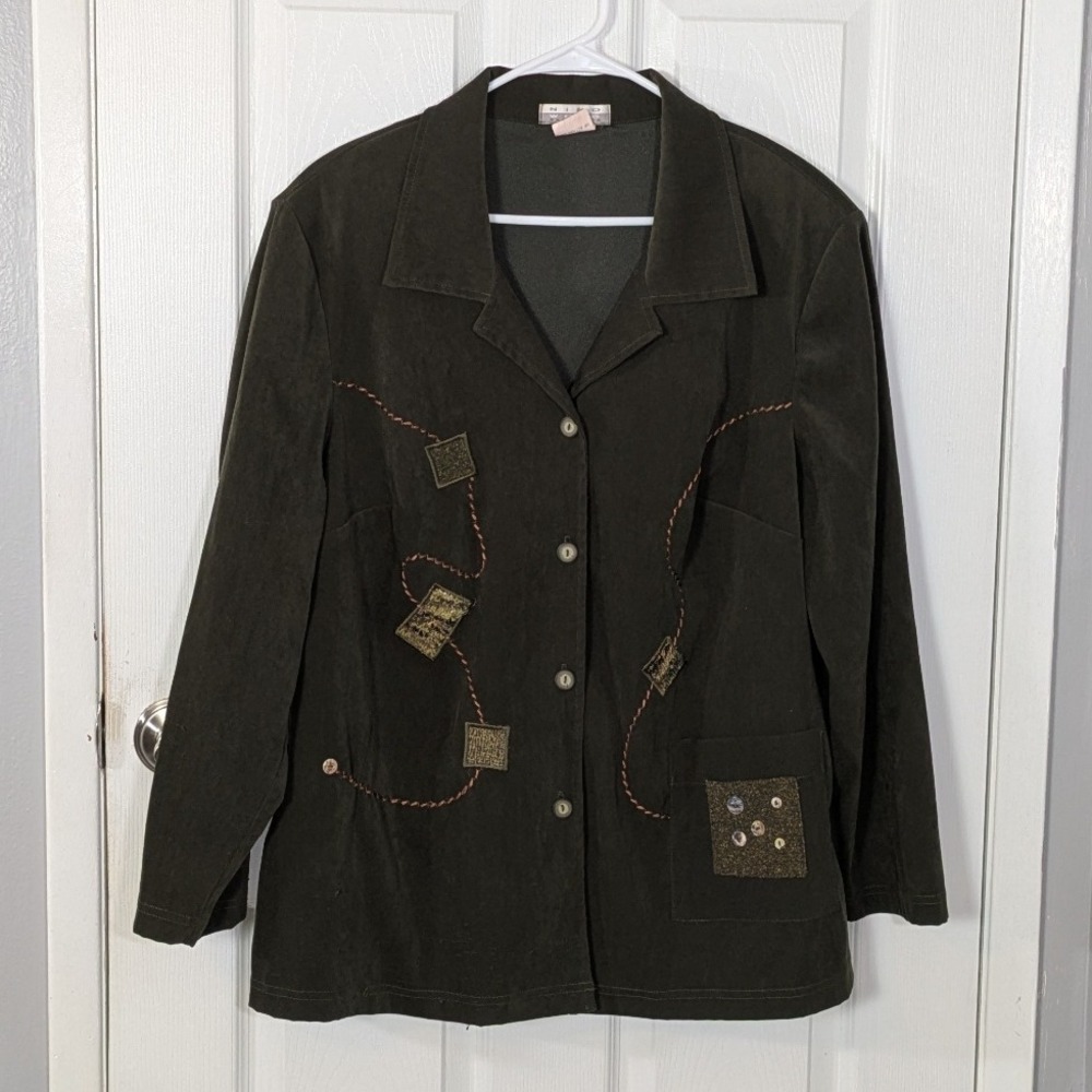 Vintage Nino Wong California Patchwork Art‎ to Wear Olive Green Blazer Size 0X